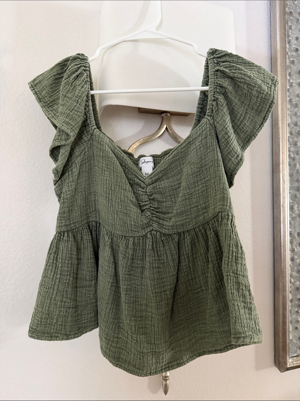 Green Women's Peplum Top with Ruffle Sleeves